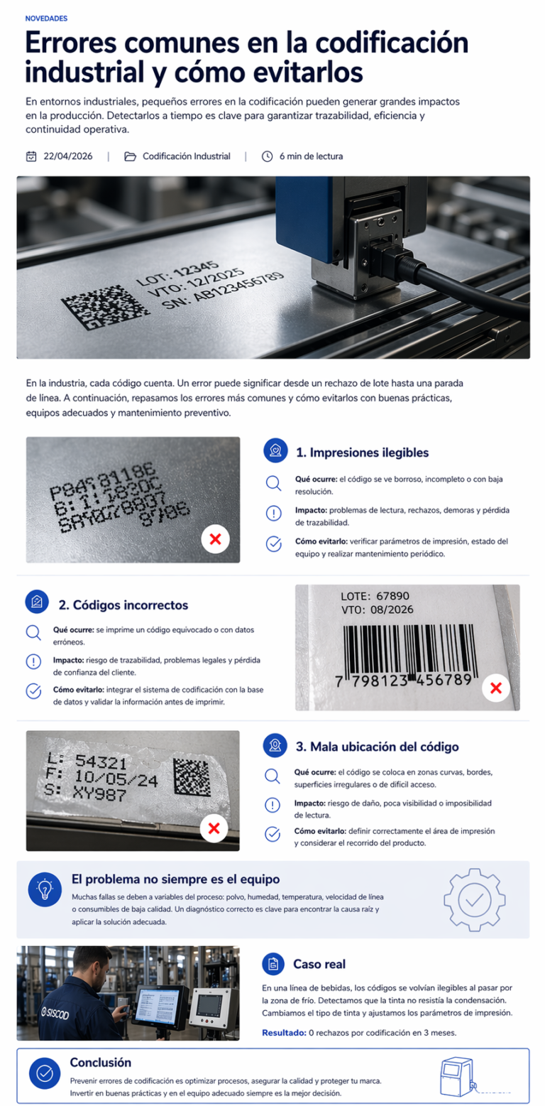 Infografía sobre errores comunes en codificación industrial y sus soluciones.