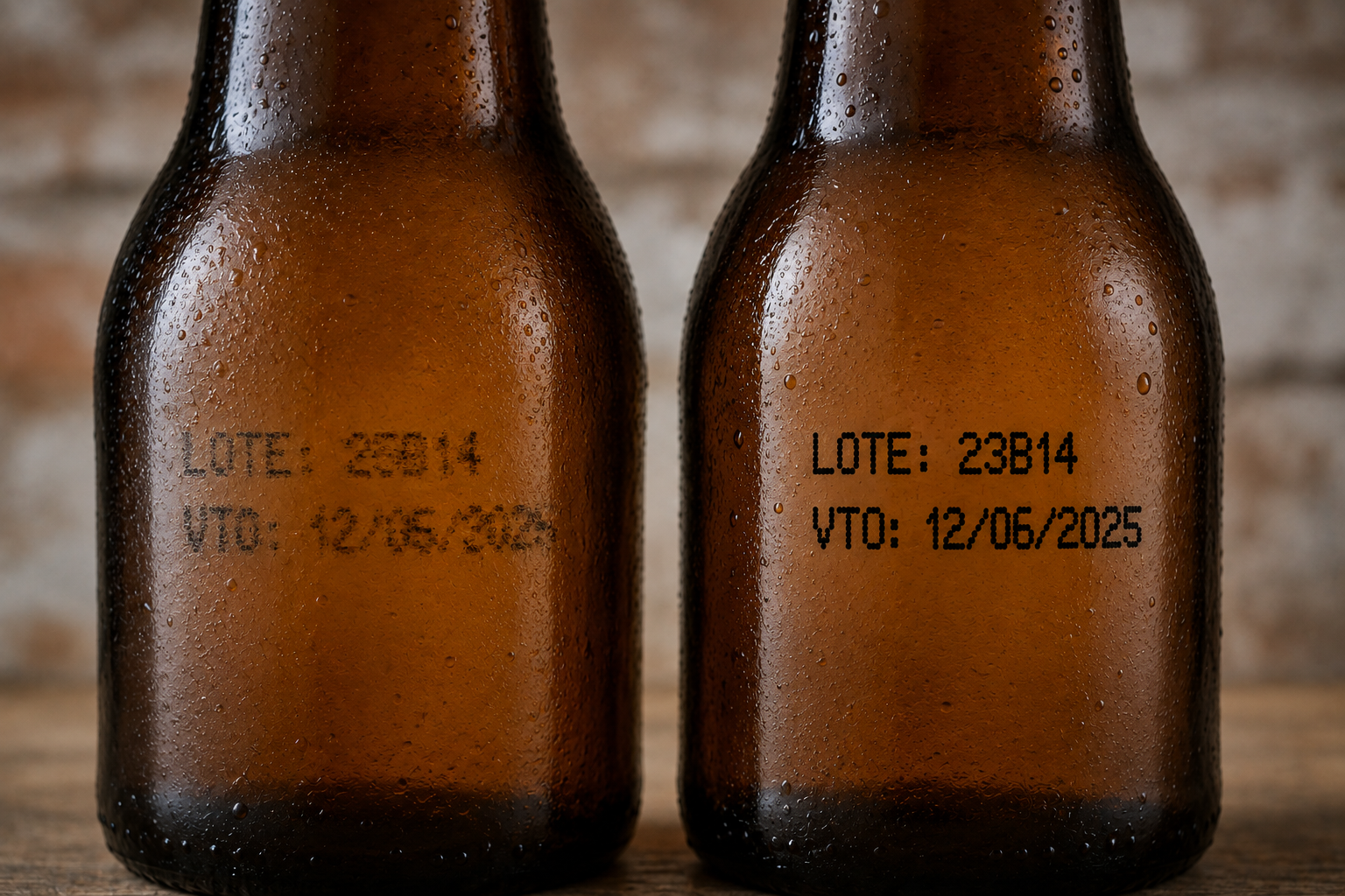 Botella de cerveza con código de lote y fecha de vencimiento borrosos por falta de adherencia.